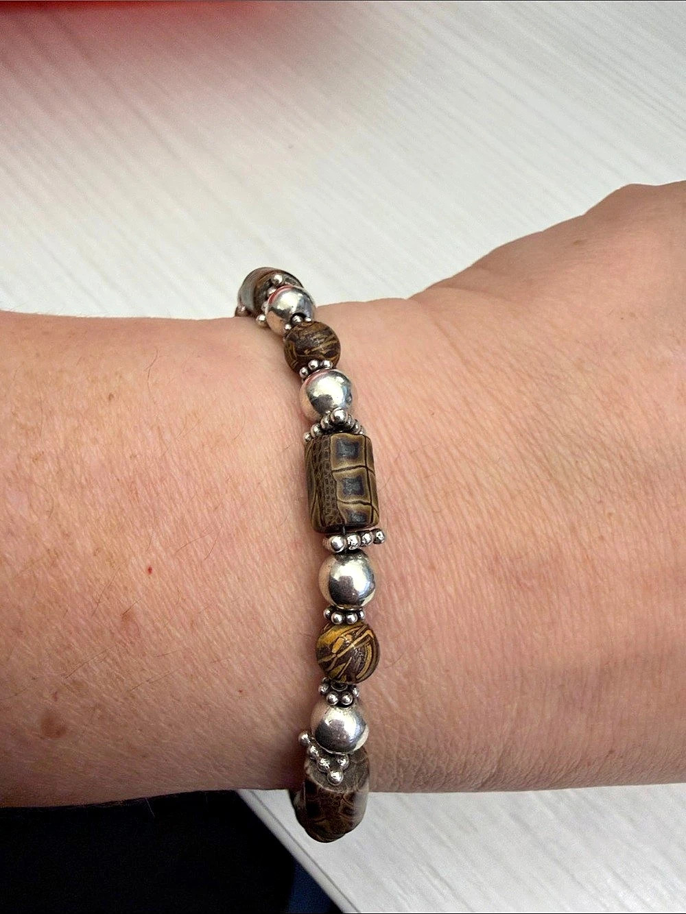 Brown & Silver Beaded Bracelet Like New
